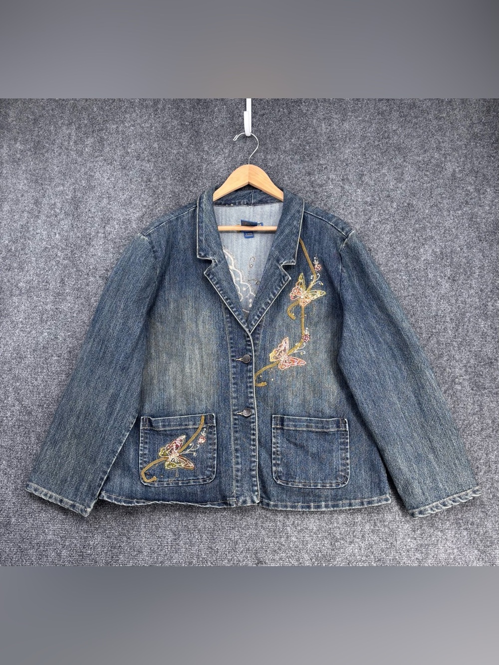 VTG Y2K JouJou Denim Jacket Butterfly Floral Embroidery Women’s XL Artsy Retro